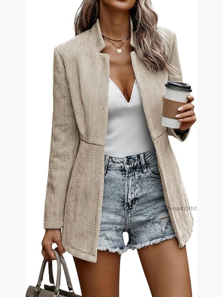 Herringbone Tweed Blazer Jacket Long Lined Slim Fit Work Office Coat